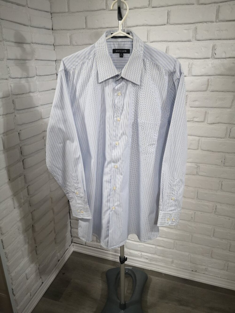 Pierre Cardin Men's Size 16 Blue Yellow & White Striped Wrinkle Resistant Shirt
